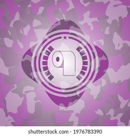 toilet paper icon on pink and purple camo pattern. 