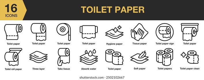 Symbolsatz für Toilettenpapier. Umfasst absorbierendes Wasser, Hygienewasser, weiches Papier, Toilettenpapier, Hygienepapier und mehr. Gliederungssymbole, Vektorsammlung.