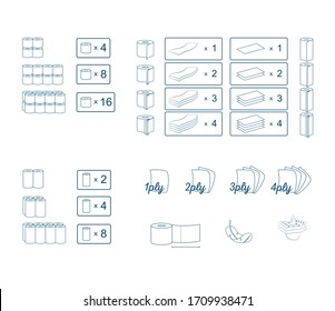 Toilet paper icon and symbol set. Paper towel package information signs. Vector graphic illustration isolated