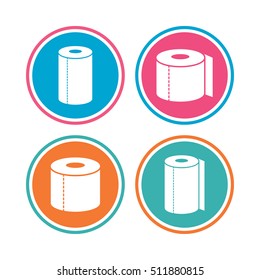 Toilet paper icons. Kitchen roll towel symbols. WC paper signs. Colored circle buttons. Vector