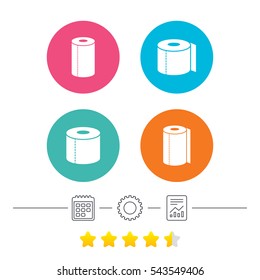 Toilet paper icons. Kitchen roll towel symbols. WC paper signs. Calendar, cogwheel and report linear icons. Star vote ranking. Vector
