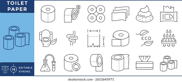 Toilet paper icons set. Toilet paper, roll, green, and many more. Vector editable stroke.