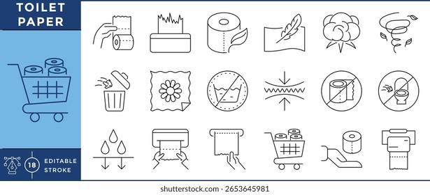Conjunto de ícones de papel higiênico. Papel, tecido, flexível, conforto, descarga, antibióticos e muito mais. Traçado editável de vetor.