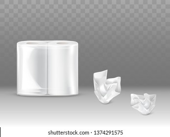 Toilet paper, kitchen paper towels pack 3d realistic vector mockup with two paper rolls sealed in plastic or polyethylene, crumpled, used napkins 3d realistic vector isolated on transparent background