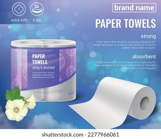 Toilet paper kitchen towels rolls realistic advertising composition with editable brand name text and colorful images vector illustration