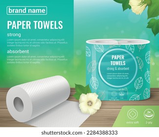 Toilet paper kitchen towels rolls realistic advertising background with images of flowers editable text and icons vector illustration