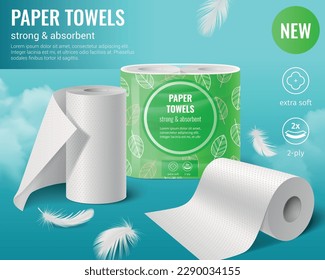 Toilet paper kitchen towels rolls realistic composition with editable text icons feathers and clouds on sky vector illustration