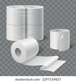 Toilet paper kitchen towels rolls realistic composition with packed and open tissue paper on transparent background vector illustration