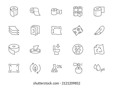 Toilet paper line icons. Vector outline illustration with icon - tissue dispenser, biodegradable napkin, recycled, flushable, feather. Pictogram for towel package. Editable Stroke