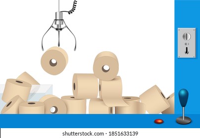 Toilet paper machine, Claw crane, Skill crane, 
Toilet paper falls from the gripper arm an automatic crane toy,
Vector illustration isolated on white background
