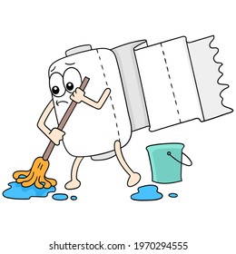 toilet paper was mopping the toilet floor diligently, vector illustration art. doodle icon image kawaii.