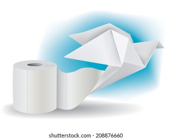 Toilet paper with Origami Pigeon Origami pigeon taking off from a roll of toilet paper. Vector illustration. 