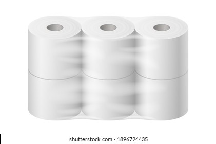 Toilet paper pack realistic. White mock up with transparent wrapping template for branding design. Set of toilet paper rolls or towels. 3d vector illustration