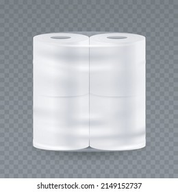 Toilet paper package isolated on transparent background. Four white rolls in plastic transparent wrapping. Vector realistic Mockup. Blank template. EPS10.