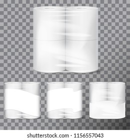 Toilet paper package mock up with transparent wrapping. Vector illustration template for your design