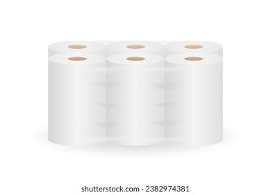 Toilet paper package white mockup with transparent packaging. Hygiene cleaning tissues in transparent package. Soft absorbent towels vector set. Realistic paper toilet in roll. Vector illustration