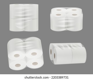 Toilet paper packages. Realistic mockup of paper rolls set of soft hygienic towels in transparent polyethylene packs decent vector templates