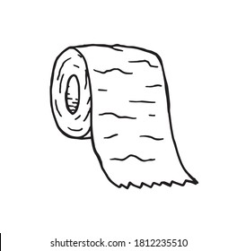 Toilet paper pen drawing, simple and single outline illustration. Black and white bathroom hygiene accessories for cleaning. Paper in a roll logo symbol sketch. Isolated wipe sheets in a tube.