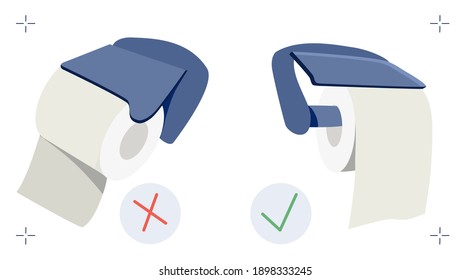 Toilet paper position handle meme. How to use roll in right way. Vector illustration in flat style. Great debate about lavatory paper in holder.Hygienic goods. Poster for shop,website,advertisement