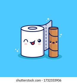 Toilet paper presses a cardboard mascot of a character.Vector Icon Illustration. Health And Medical Icon Concept White Isolated. Flat Cartoon Style Suitable for Web Landing Page, Banner, Flyer Sticker