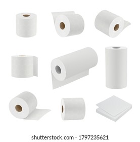 Toilet paper realistic. Hygiene symbols soft towel cylinder sanitary paper vector 3d templates