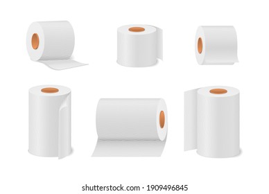 Toilet Paper Roll For Bathroom And Restroom, White Soft Kitchen Towels Set. Cute Cartoon Tissue Paper Set, Roll Box, Use For Toilet, Kitchen. Hygiene Household Item For Restrooms. Vector Illustration.