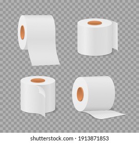 Toilet paper roll for bathroom and restroom, white soft kitchen towels set. Hygiene household item for restrooms. Cute cartoon tissue paper set, roll box, use for toilet, kitchen. Vector illustration.