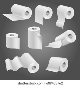 Toilet paper roll for bathroom and restroom, white soft kitchen towels vector set. Illustration of paper roll of set