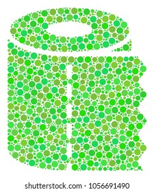 Toilet Paper Roll collage of dots in different sizes and eco green color tints. Vector round dots are composed into toilet paper roll collage. Ecological design concept.