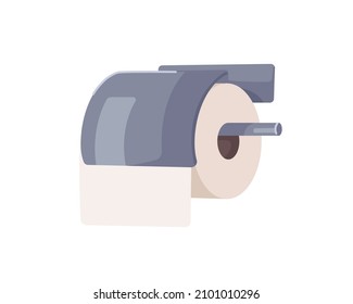 Toilet paper roll hanging on metal wall holder with cover. Sanitary tissue roller for WC. Hygiene napkins for restroom. Realistic flat vector illustration isolated on white background