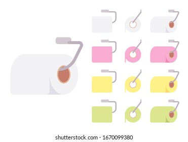 Toilet paper roll holder set. Steel tissue paper dispenser for bathroom, comfort care soft towel for wc hygiene, lavatory accessory. Vector flat style cartoon illustration, different colors and view
