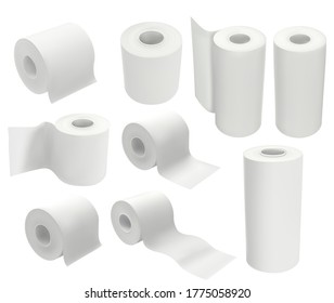 Toilet paper roll isolated on white background. Mock up package vector illustration in 3d realistic style. Set of hygienic tissues and kitchen towels