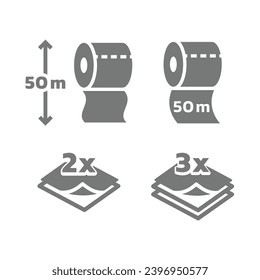 Toilet paper roll length and 2 and 3 layers vector icon set. 50 meters layered long roll paper icons.