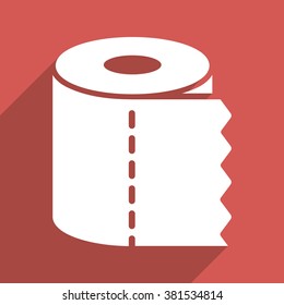 Toilet Paper Roll long shadow vector icon. Style is a flat light symbol on a red square background.