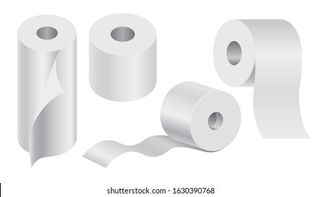 Toilet paper roll mock up set, different angles view. Realistic blank white kitchen towel, tissue with curled angle. Shiny hygiene household item for restrooms. Isolated graphic vector illustration.