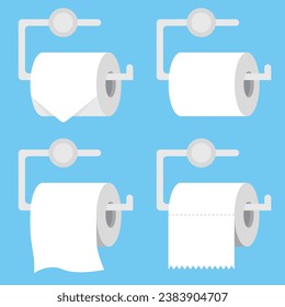 Toilet paper roll on toilet paper holder vector illustration on blue background. Restroom tissue paper.