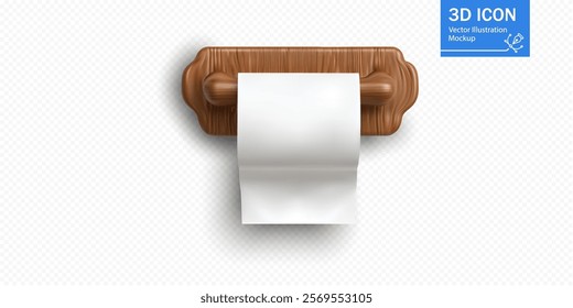 A toilet paper roll is positioned neatly on a wooden holder, emphasizing functionality and cleanliness in a bathroom setting. The background is plain and unobtrusive.