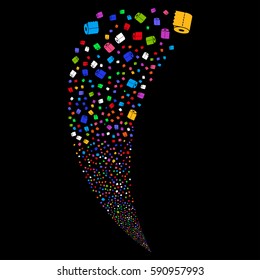 Toilet Paper Roll random fireworks stream. Vector illustration style is flat bright multicolored iconic symbols on a black background. Object fountain organized from scattered pictographs.