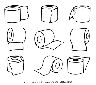 Toilet paper roll set. Vector linear illustration. Isolated on white.