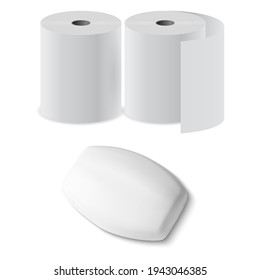 Toilet paper roll, soap bar 3d vector mock up box. Antibacterial hygiene soap blankfor bathroom, wc. Loo paper illustration isometric view. Recycle paper cylinder napkin blank. Hygienic soap