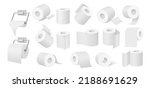 Toilet paper roll. Soft white rolls, empty tube and 3D kitchen towel vector set. Washroom metal accessory for hygiene paper tissues. Restroom metal holder for wipes isolated on white