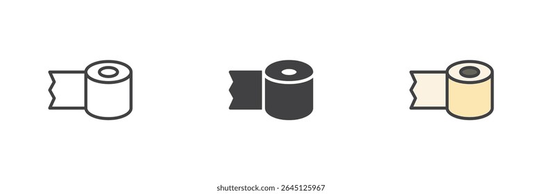 Rolo de papel higiênico com ícone de cauda em linha, sólido e estilos de contorno preenchido. Símbolo de higiene do banheiro. Embalagem de ícone de cuidados sanitários vetoriais com sinal de tecido limpo.