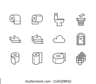 Toilet paper roll, towel flat line icons. Hygiene illustrations, mobile wc, restroom, tree layered napkin. Thin signs for household goods store. Pixel perfect 64x64. Editable Strokes.
