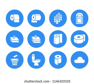 Toilet paper roll, towel flat glyph icons. Hygiene illustrations, mobile wc, restroom, tree layered napkin. Signs for household goods store. Solid silhouette pixel perfect 64x64.