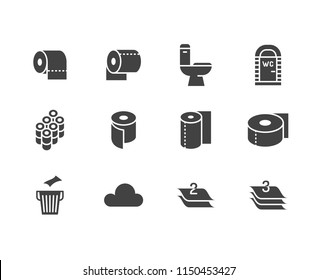 Toilet paper roll, towel flat glyph icons. Hygiene vector illustrations, mobile wc, restroom, tree layered napkin. Signs for household goods store. Solid silhouette pixel perfect 64x64.