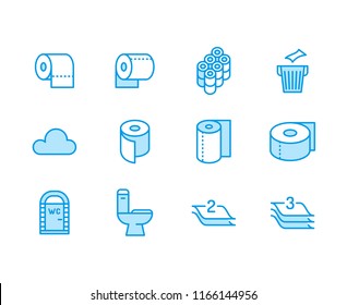 Toilet paper roll, towel flat line icons. Hygiene illustrations, mobile wc, restroom, tree layered napkin. Thin signs for household goods store.