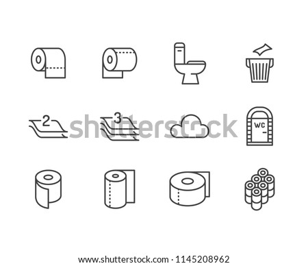 Toilet paper roll, towel flat line icons. Hygiene illustrations, mobile wc, restroom, tree layered napkin. Thin signs for household goods store. Pixel perfect 64x64. Editable Strokes.