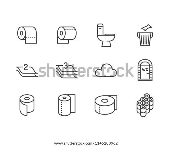 Toilet\
paper roll, towel flat line icons. Hygiene illustrations, mobile\
wc, restroom, tree layered napkin. Thin signs for household goods\
store. Pixel perfect 64x64. Editable\
Strokes.