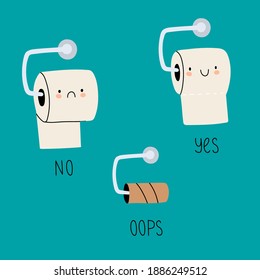 Toilet Paper rolls with faces. Set, collection of cartoon rolls of toilet paper. Hand drawn vector illustration with lettering. Hygiene, WC, restroom.