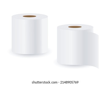 Toilet Paper Rolls Isolated On White Background. Vector Realistic Mockup. Two White Rolls Without Pattern. Blank Template. EPS10.